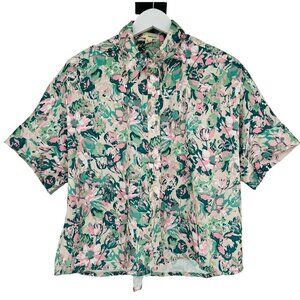The Korner Button Up High Low Shirt Size S Floral Satin Cropped Boxy S/S‎ NWT
